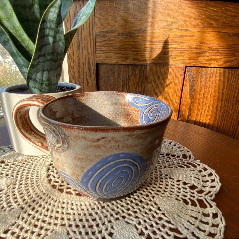 Stuido Pottery Handcrafted Brown and Blue Ceramic Teacup EUC